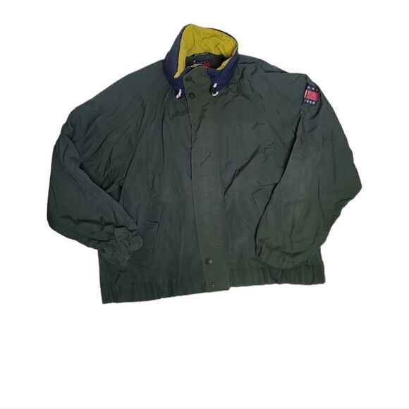 VINTAGE 90s‎ Tommy Hilfiger green packable hood windbreaker gorpcore jacket L - Picture 1 of 11